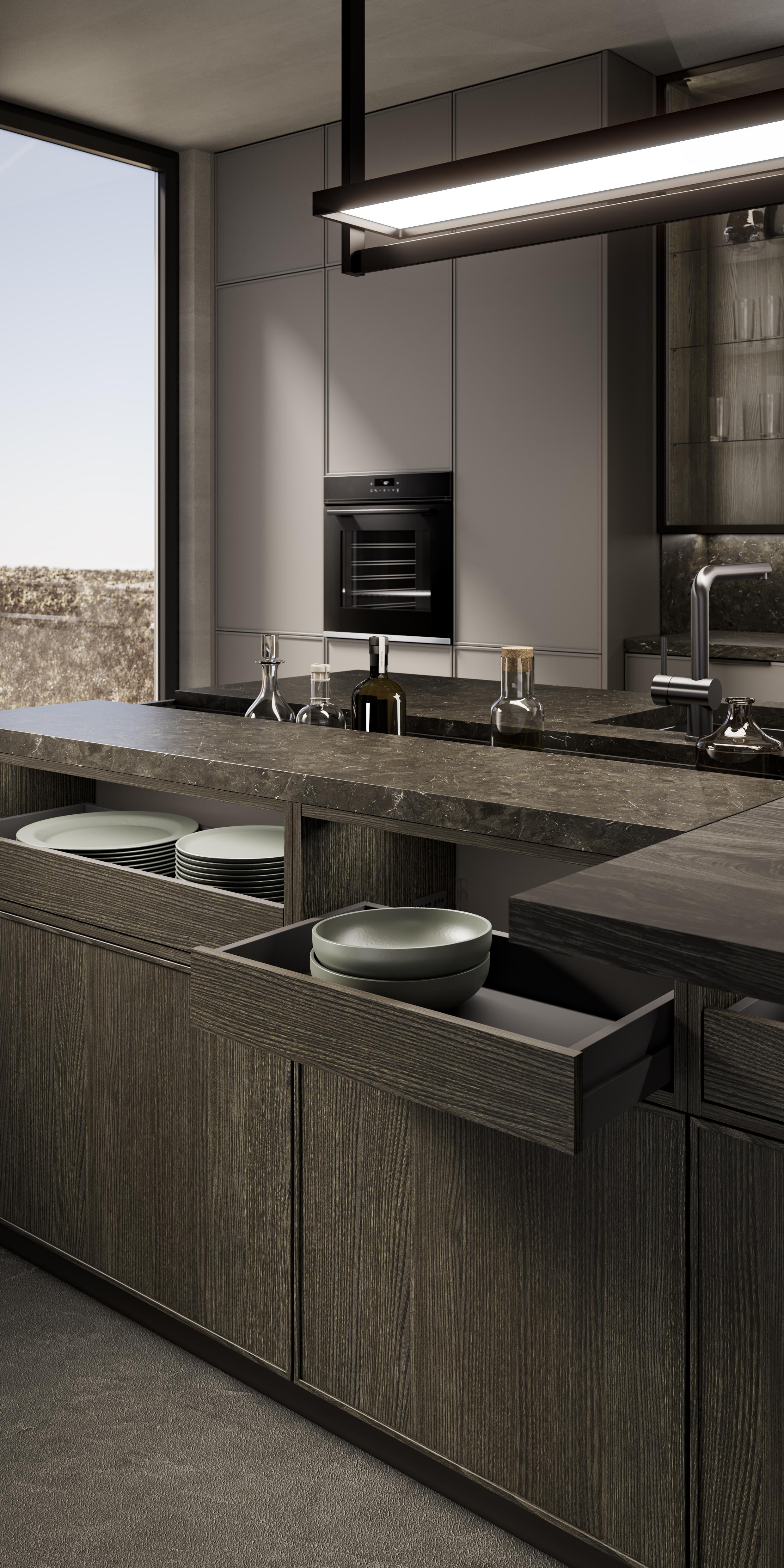 Moderne Küche mit dunklen Holzmöbeln und offenem Schubladenschrank
