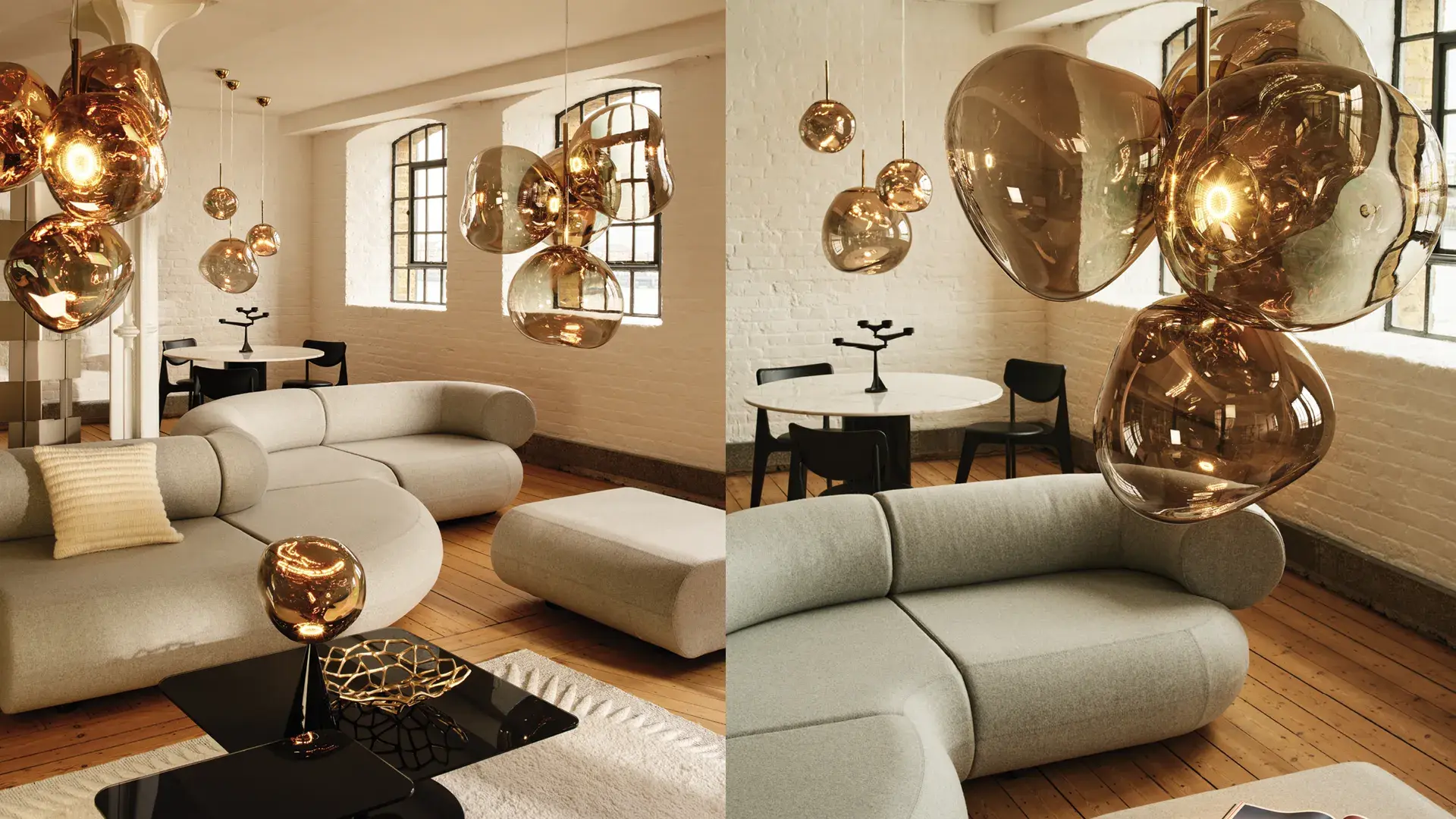 Tom Dixon Melt in Gold Hängelampen mit hellgrauen Sofas