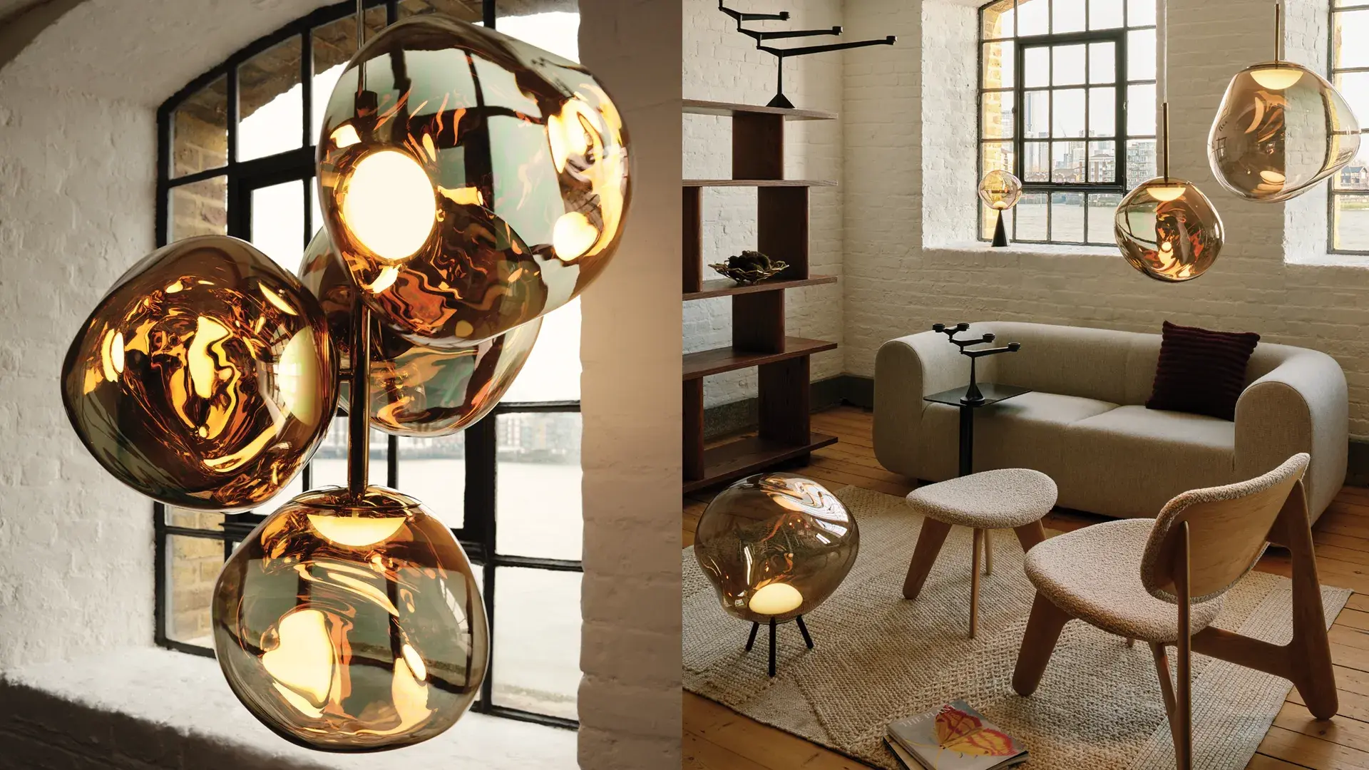 Tom Dixon Melt in Gold Hängelampen Stühle Sofa