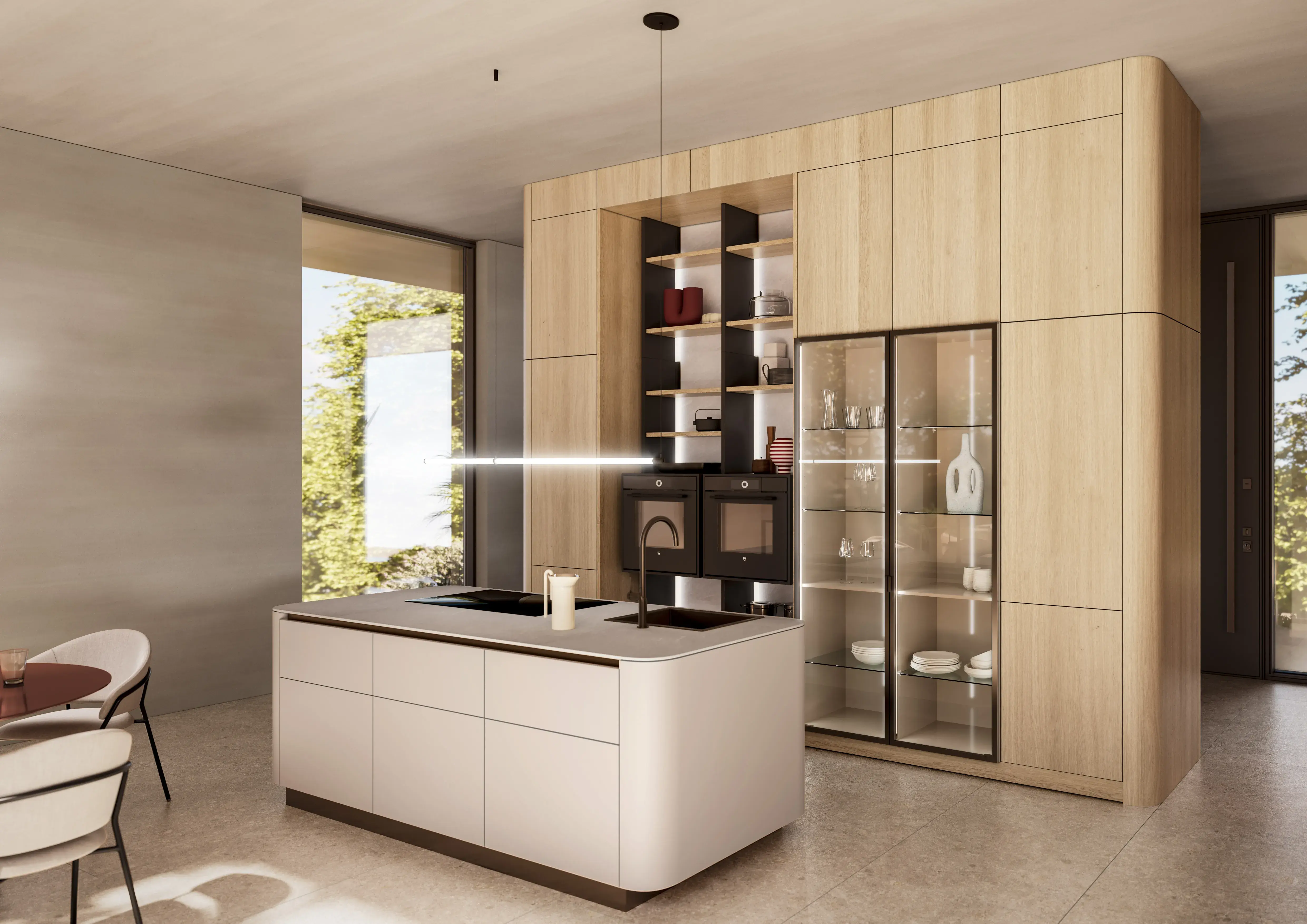 Moderne Küche mit Kochinsel, Holzschränken und Glastür-Vitrine