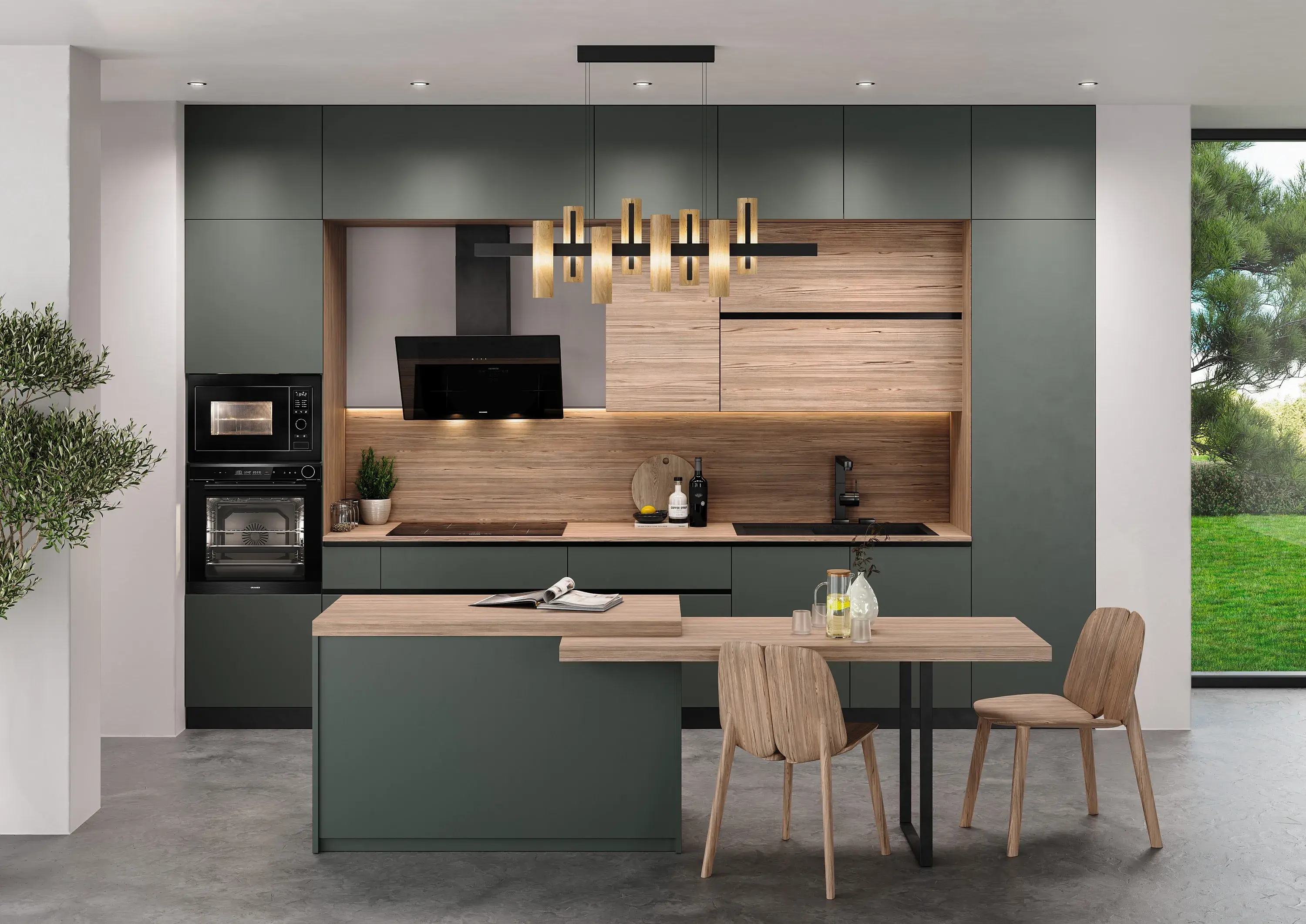 Oranier Backofen XXL in schilfgrüner Küchenzeile mit Holz-Arbeitsplatte und -Rückwand